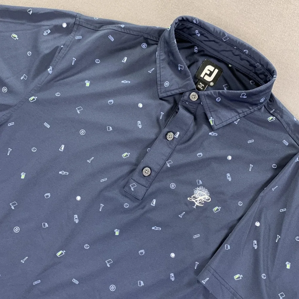 FootJoy Polo Shirt Mens Medium Blue Golf Icon AOP Allover Print Stretch CLC Logo