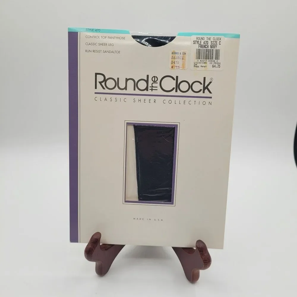 Round the‎ Clock 1993 Control Top Sandaltoe Sheer Pantyhose French Navy Size C