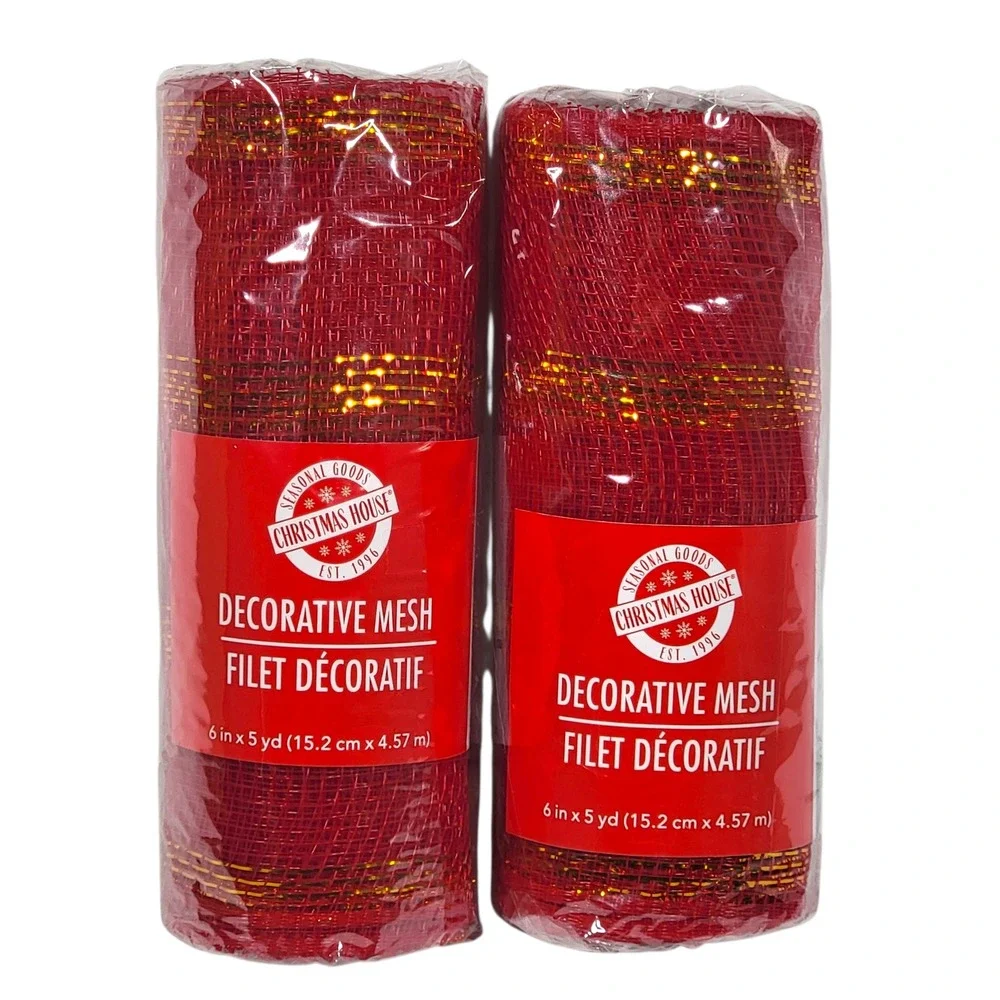 Christmas House Red Gold Deco Mesh 6