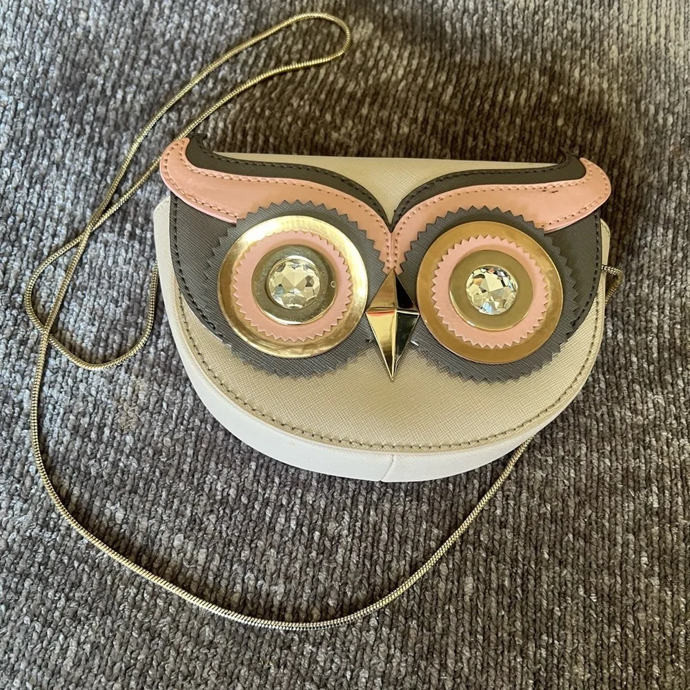 Kate Spade Owl Design Crossbody Clutch Bag Grey Pink Crystal