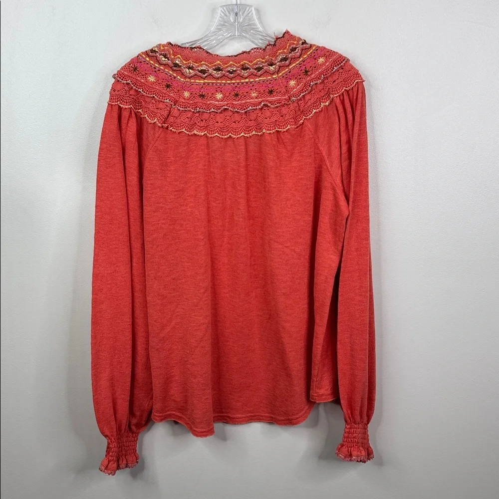 Free People Large Coral Pink Embroidered Large Thermal Henley Top We The Free