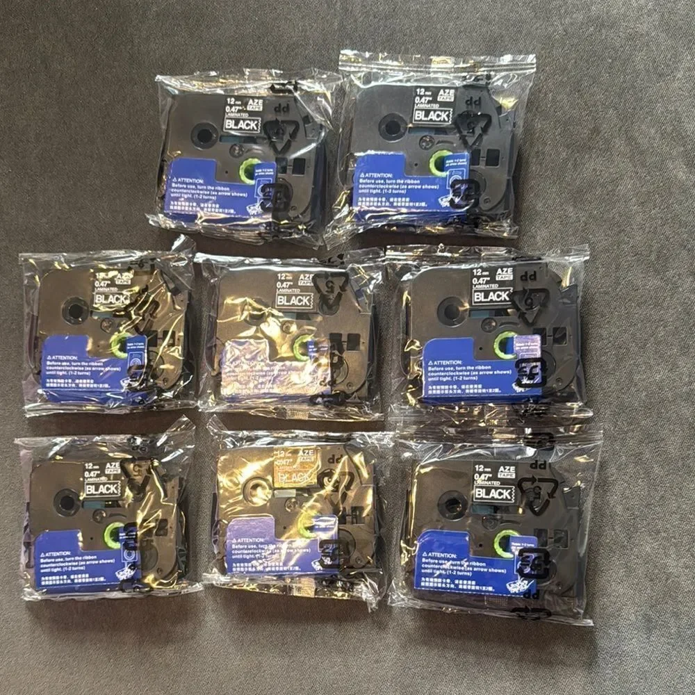 Label Maker Tape Black 12mm .47” Set of 8 Compatible with Brother P-Touch