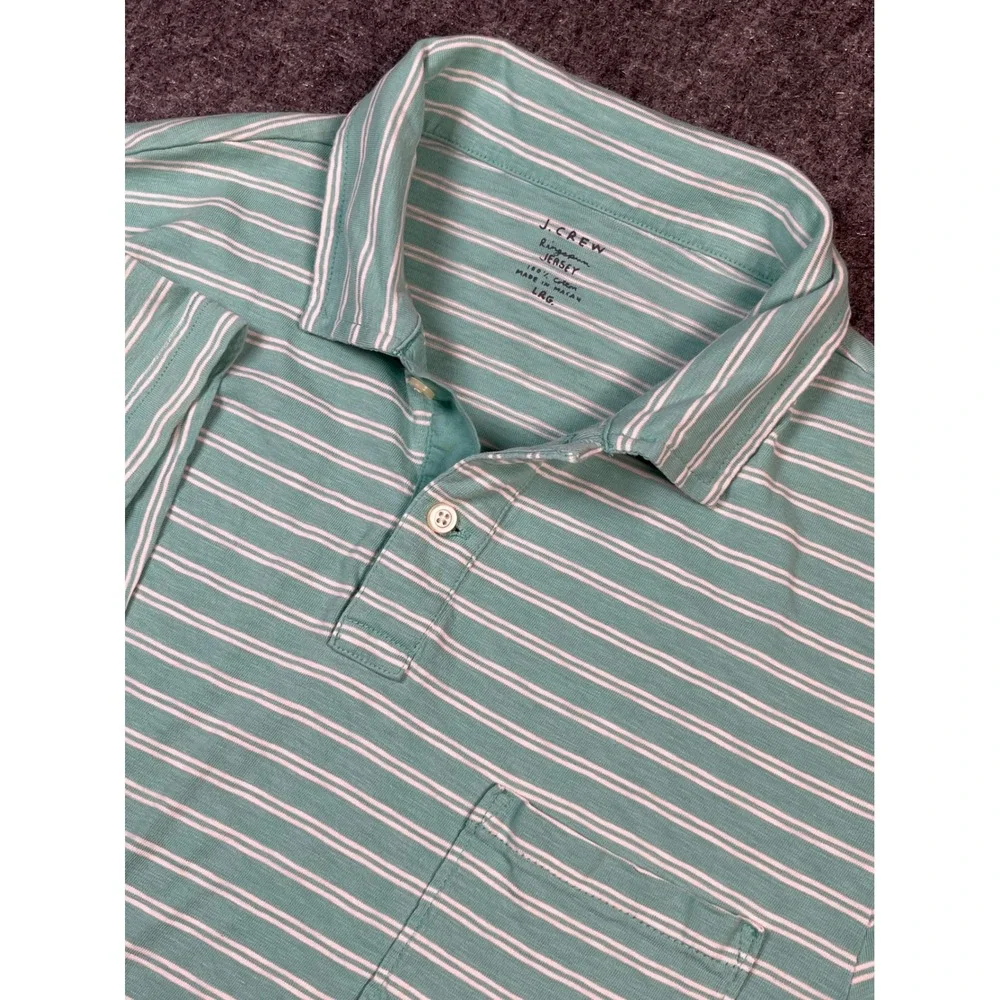 J. Crew Mens Large‎ Polo Shirt Green White Striped Short Sleeve Ring Spun Jersey