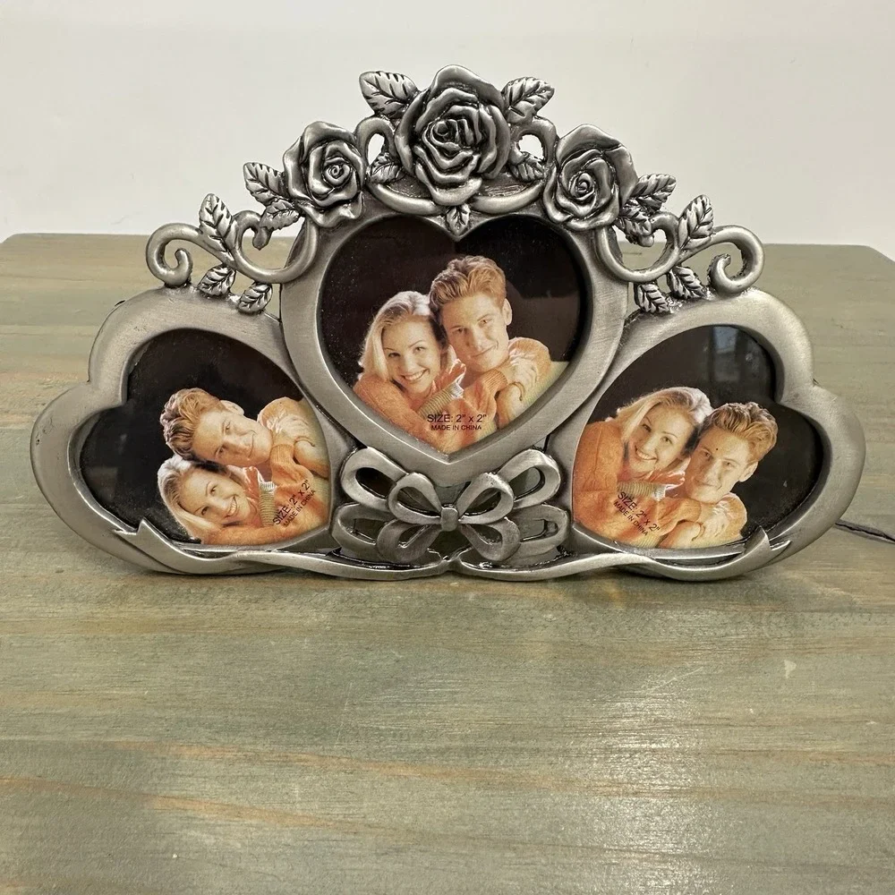 Vintage Ornate Silver Metal‎ 3 Hearts Roses Picture Frame For 3 Photos Victorian