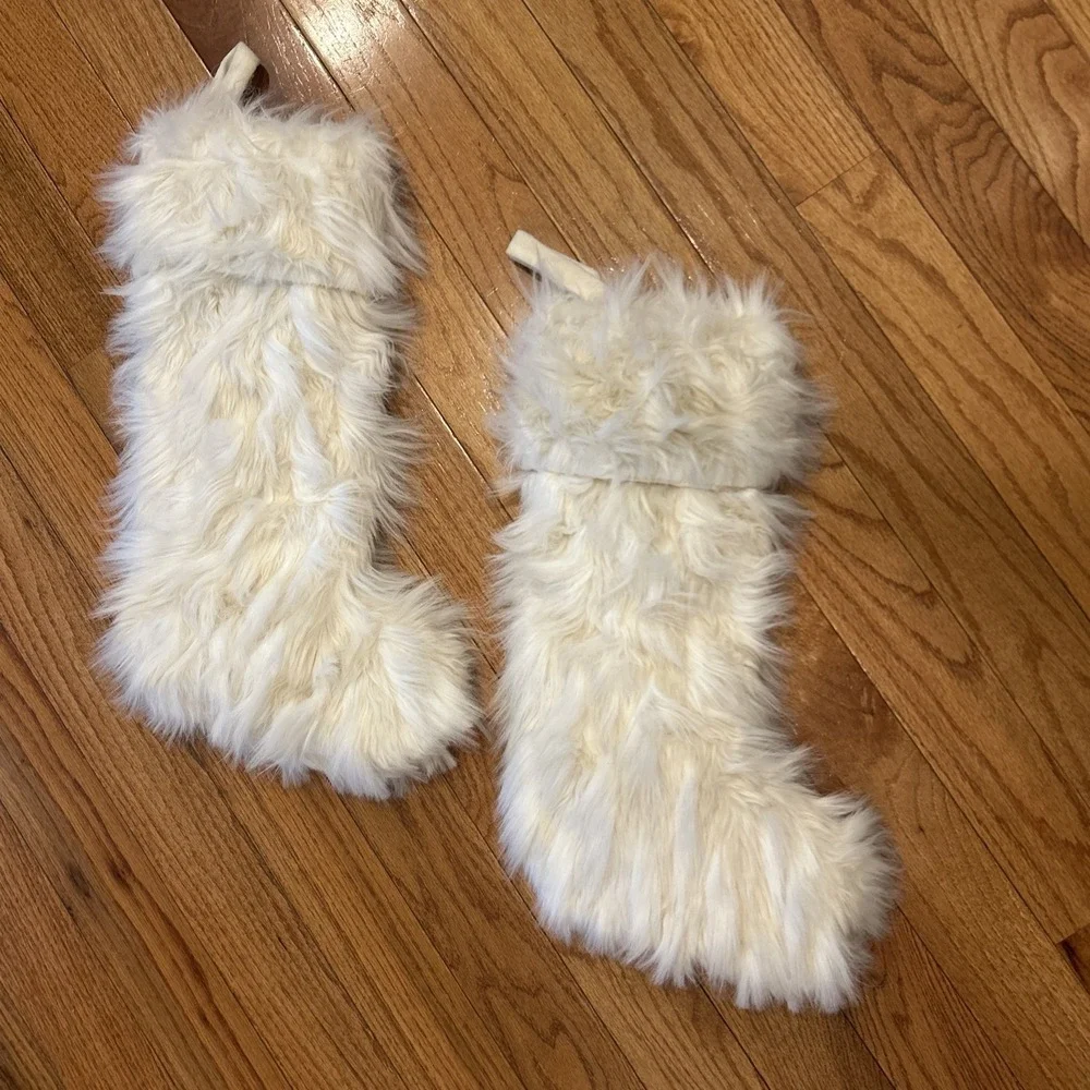 Pair‎ - 2 Nicole Miller Home Christmas Stocking White Faux Fur Designer Luxury