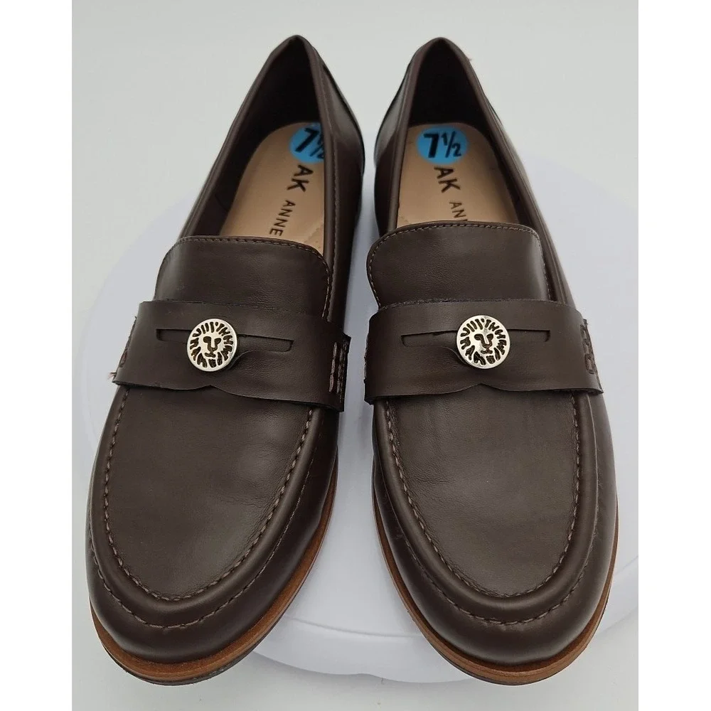 Anne Klein AK Brown Soft Leather iFlex Dress Penny Loafers Gold Logo W/7.5 NWOB