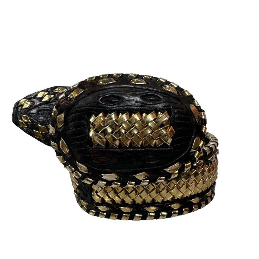 Vintage western Black and Gold‎ Woven leather Belt metallic