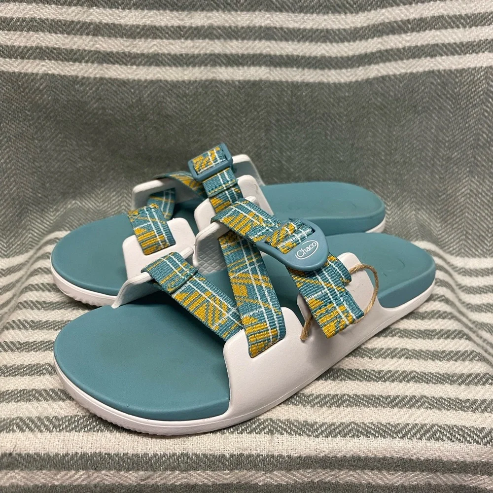 Chaco Chillos Waterproof‎ Teal and Yellow Strappy Slides Size 5