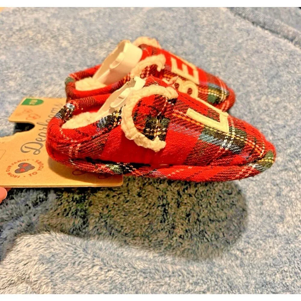 NWT DEARFOAMS Toddler Tartan Red Plaid Lil Bear Slip On Slippers Sz 7/8