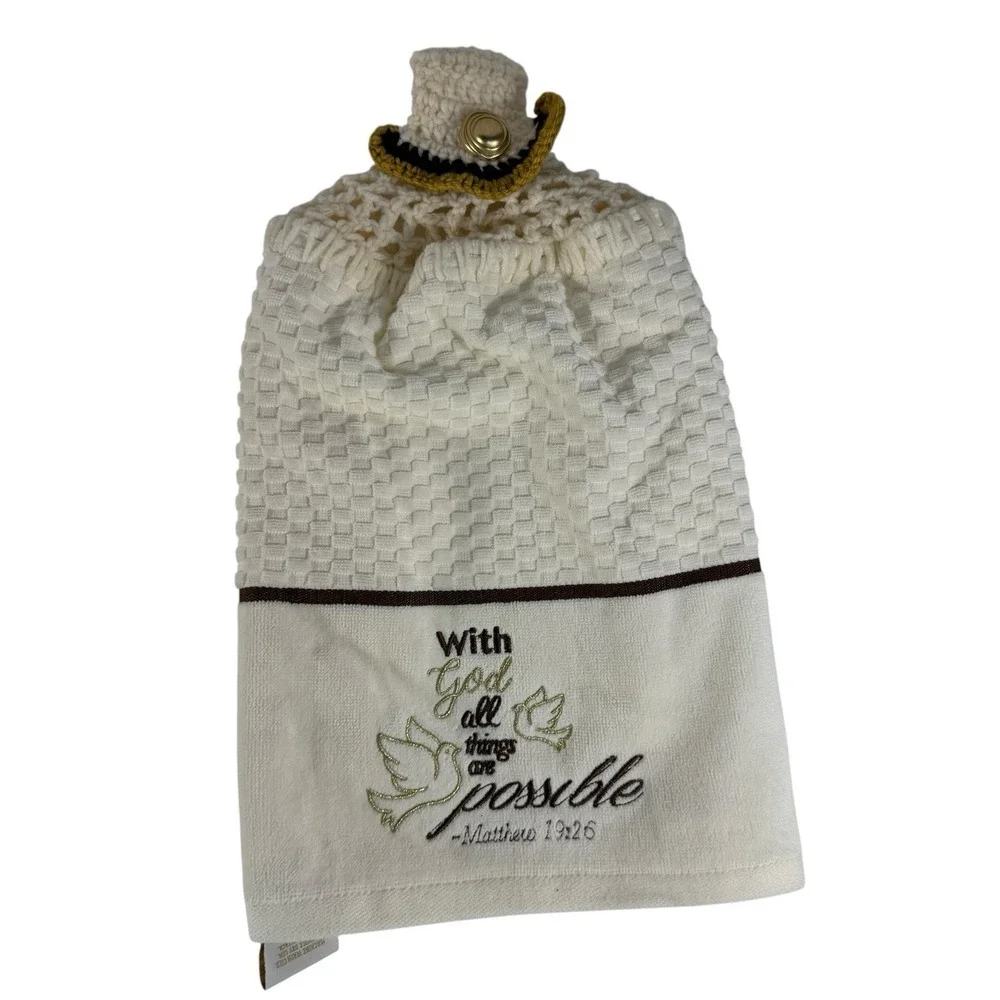 Kassa Fina Crochet Religious Cotton Hand Towel Matthew 19:26 Christian Bible