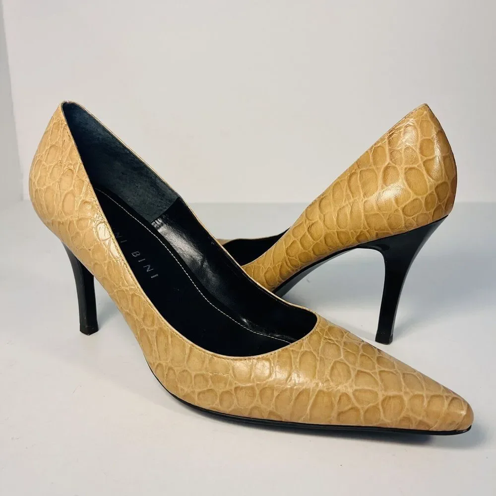 GIANNI BINI Tan Camel Yellow Crocodile Croc Alligator Leather Kitten Heels 6.5 M