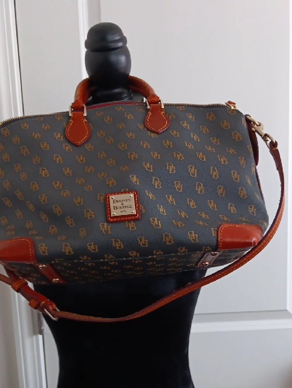 Dooney & Bourke Brown Monogram Handbag with Tan Leather Accents