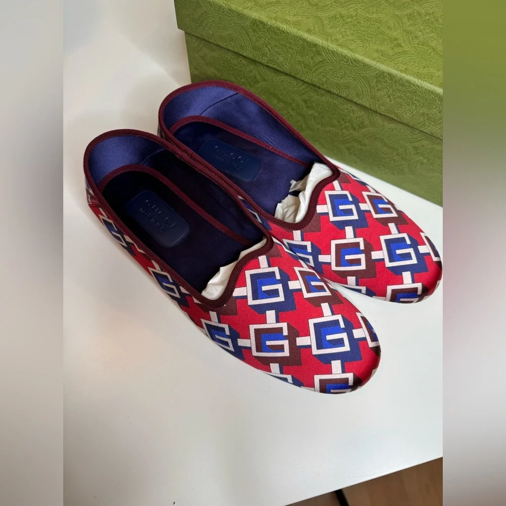 Gucci Red Satin Voyage Geometric G Print Slipper Shoes New $570