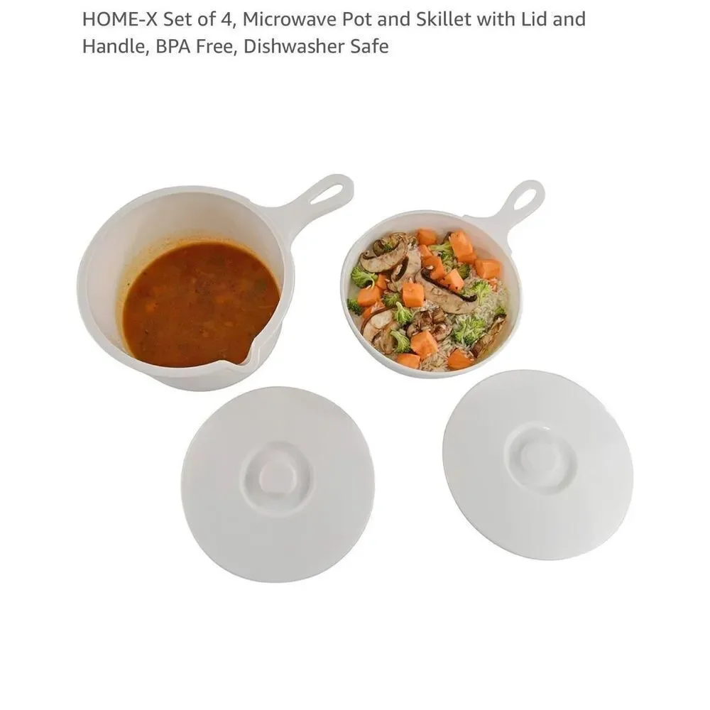 HOME-X Set 4 Microwave Pot and Skillet with Lids White BPA Free Dishwasher Safe