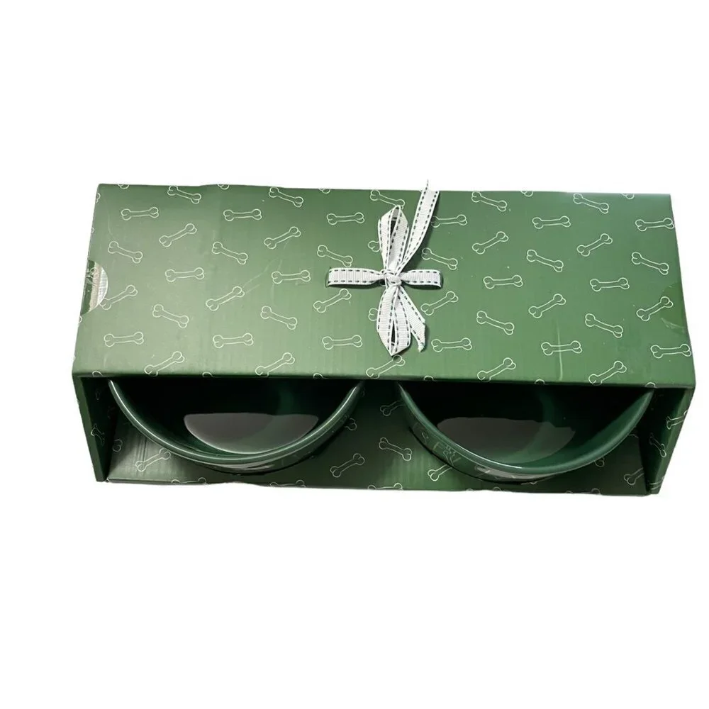 Rae Dunn New Green Peace Love & Belly Rub Pet Food & Water Bowls 2 Piece Set