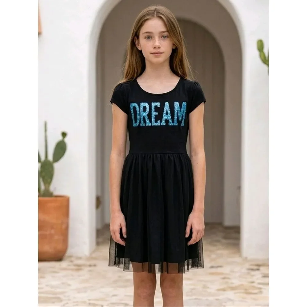 JUSTICE Girls 16 Black DREAM Bedazzled Sequin Jersey Tulle Dress Casual Girly