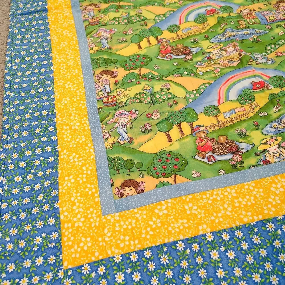 Vintage Yellow Blue Reversible Quilt Baby Blanket 46x32 Animal Picnic Rainbow