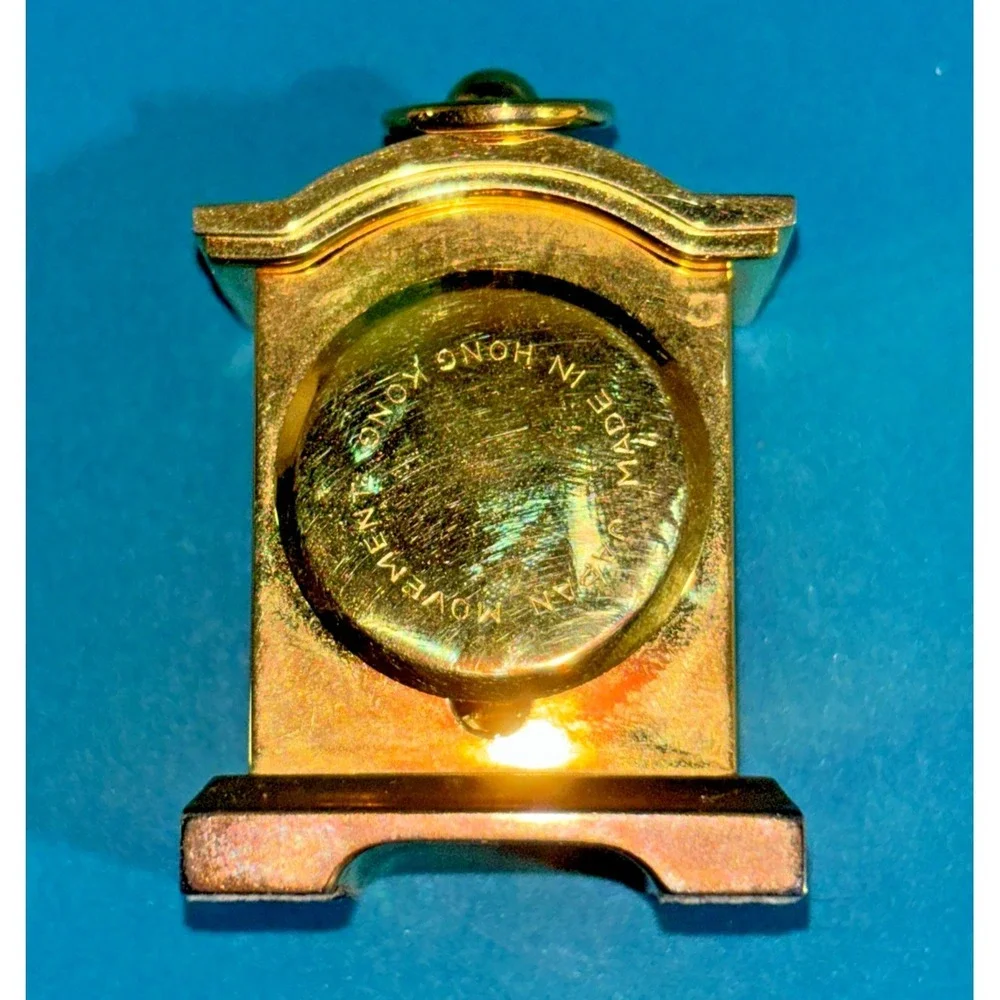 Vintage Mini Brass Quartz Mantel Desk Clock Roman Numerals Hong Kong Gold