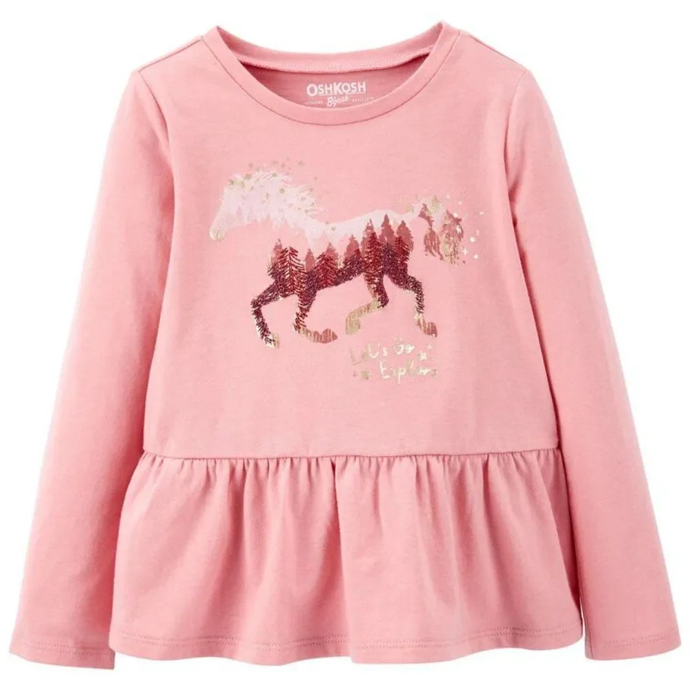 OshKosh Pink Ruffle Horse Let's Explore Long Sleeve Top Shirt 18 Months‎ New