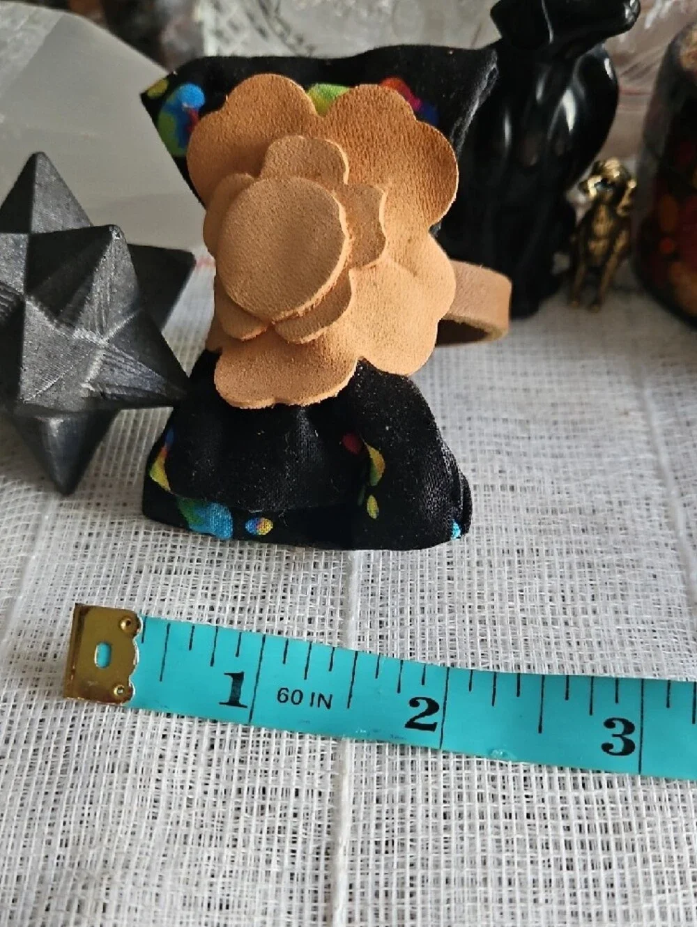 Hand Crafted Black Neon Paw Print Bow Tie with Tan Leather Flower Avcent NEW