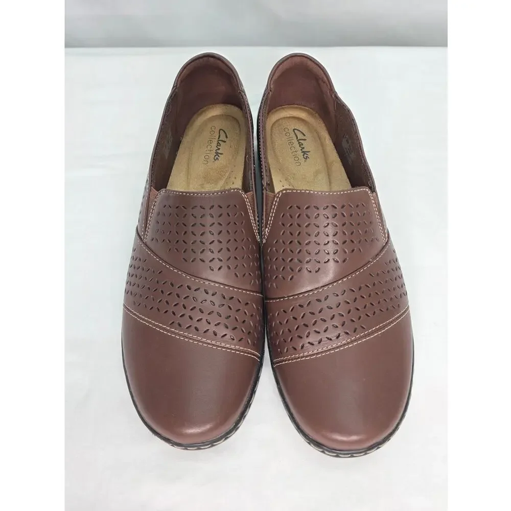 Clarks Collection Women’s Brown Perforated Slip On Comfort Loafers Size 10W