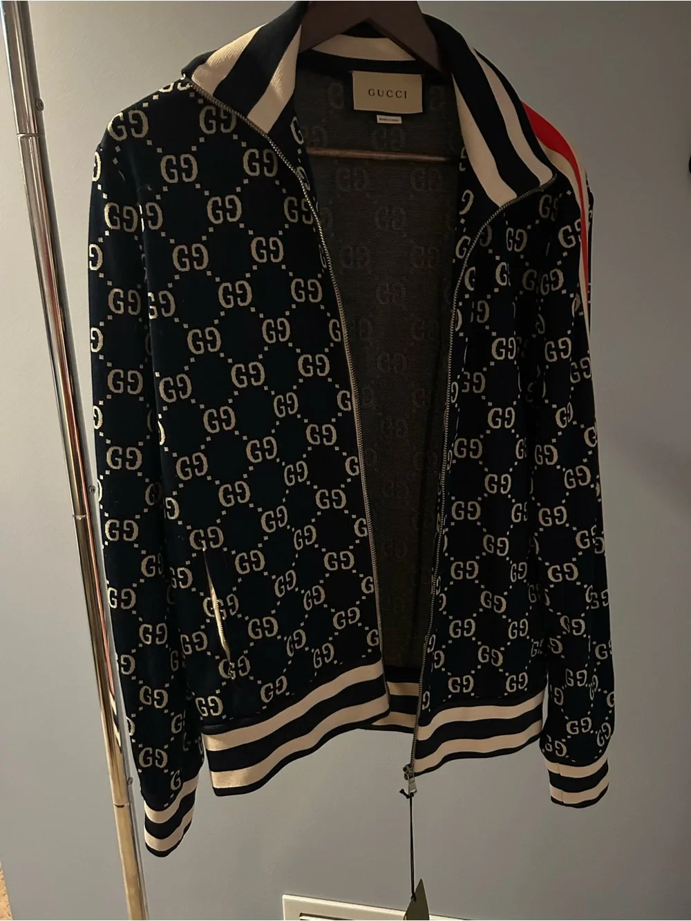 Gucci Navy GG Monogram Bomber Jacket with Red & White Stripes