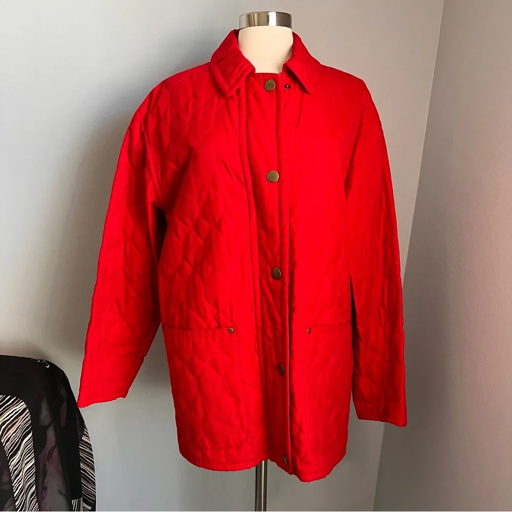 Gallery M Red Quilted Collared Full Zip Snaps Hip Jacket Coat