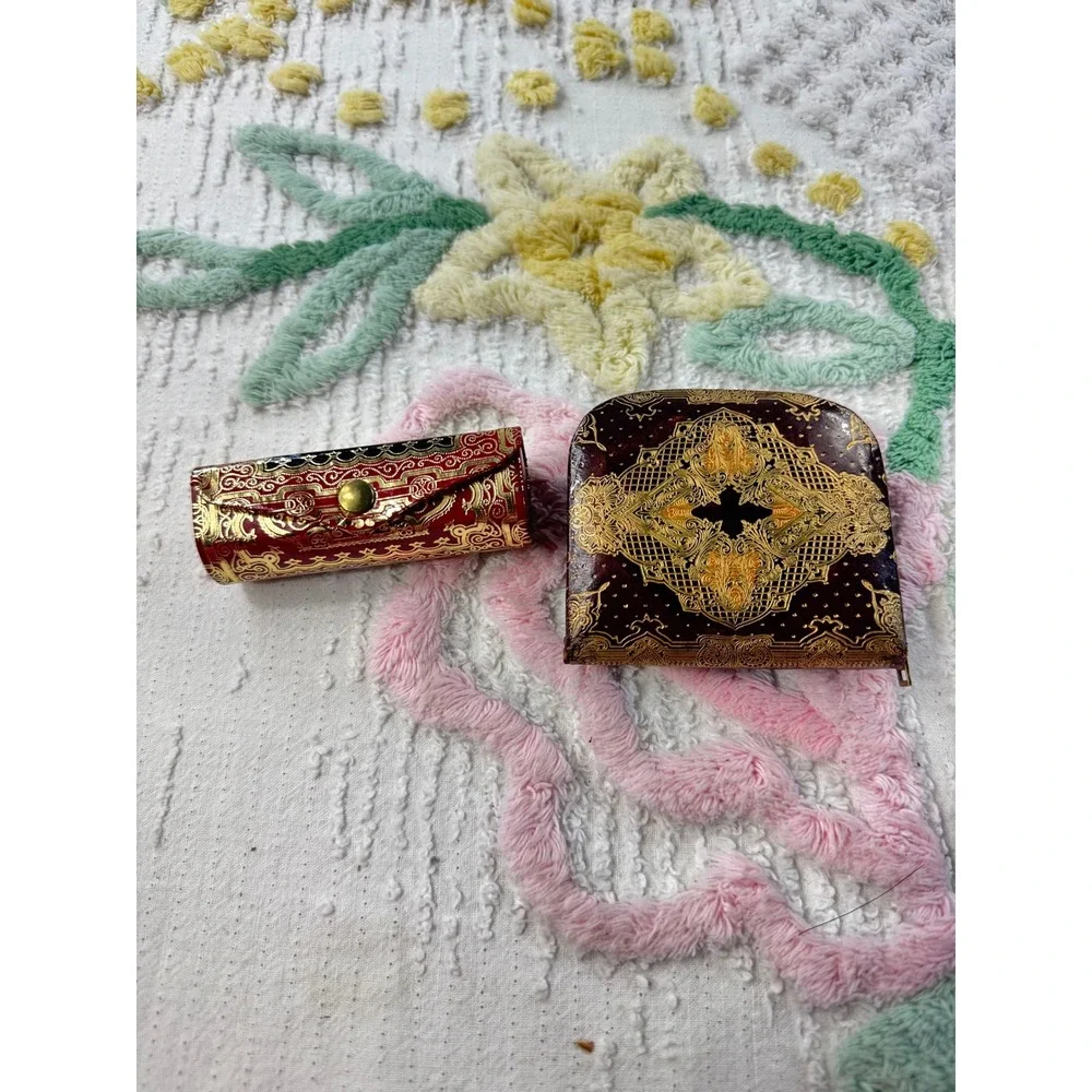 Vintage Italian Coin Purse Lipstick Holder Set Ornate Gold‎ Red