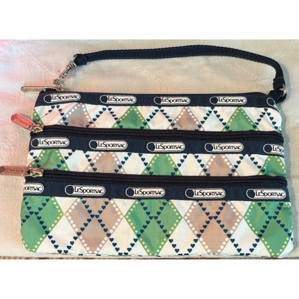 LeSportsac 3-Zip Cosmetic Pouch Womens Wallet Small Green Argyle Wristlet Bag