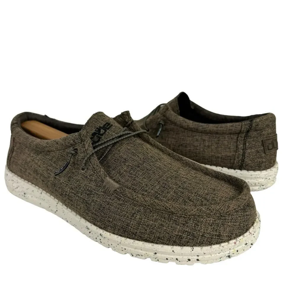 New Hey Dude Men's 14 Wally Eco Linen Loafers Slip On Shoes Dark Brown Natural