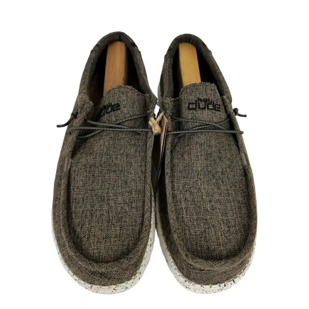 New Hey Dude Men's 14 Wally Eco Linen Loafers Slip On Shoes Dark Brown Natural
