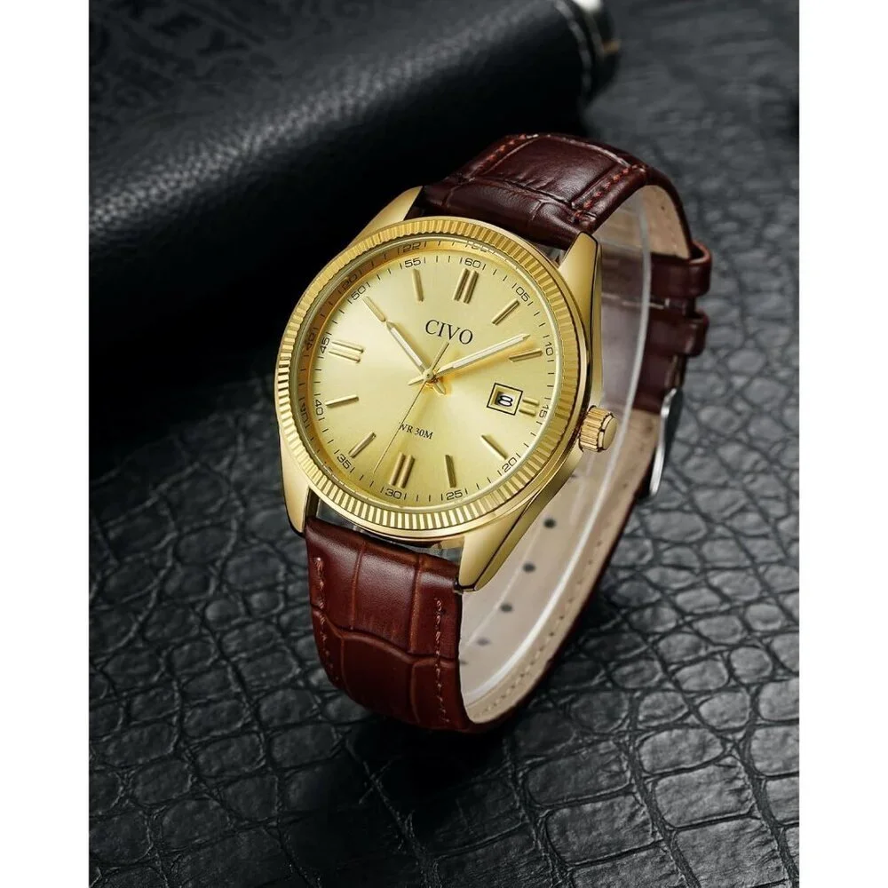 Men's Leather-Gold Stainless Steel Hook Buckle Analog Comfortable Stylish Watch