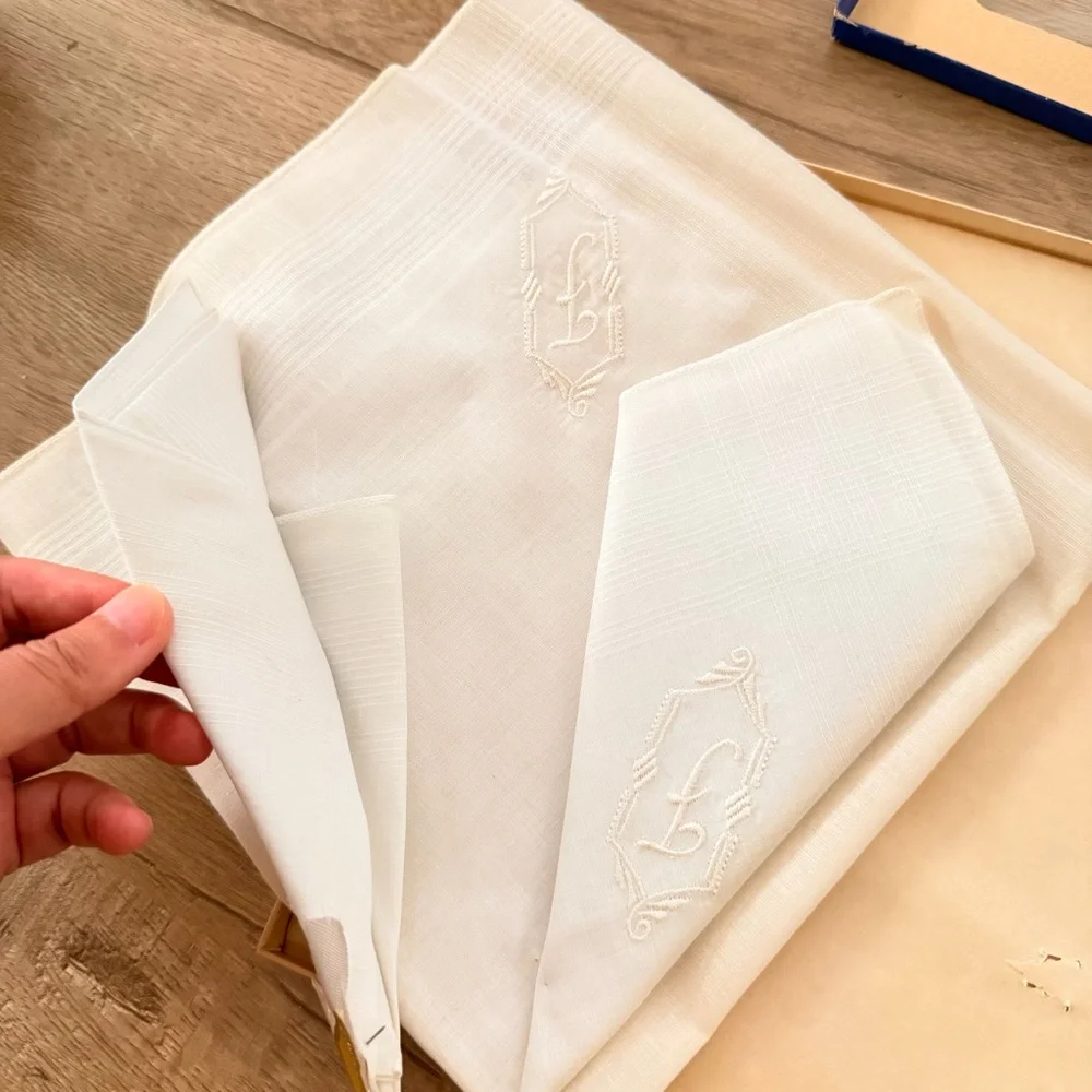NIB Vtg Fine Quality Handkerchief Napkins Pack of 4, Embroidered Letter,‎ White