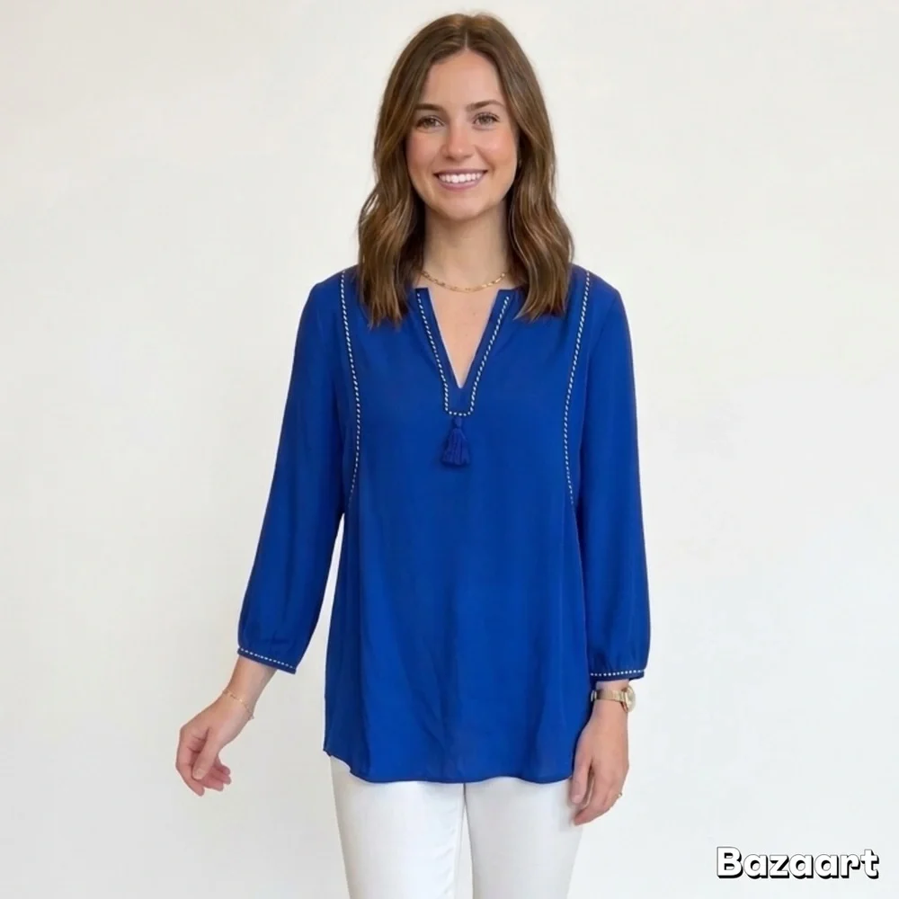 J. Crew Royal Blue Tassel V-Neck Blouse