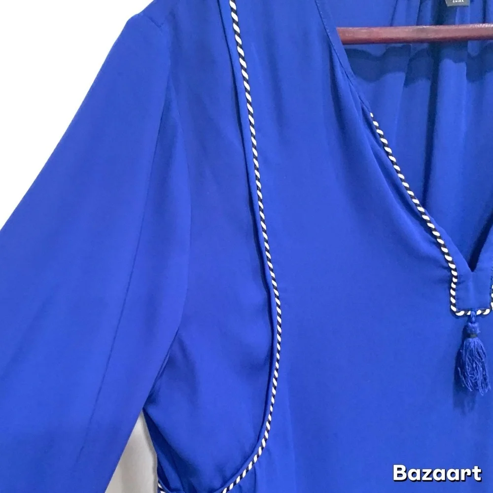 J. Crew Royal Blue Tassel V-Neck Blouse