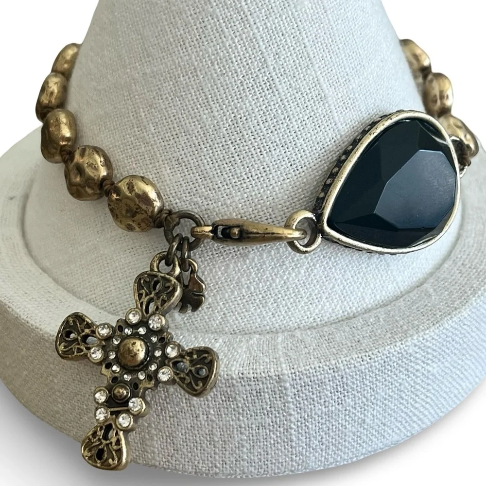 Vintage Luck Brand Bronze Tone Black Crystal Cross Toggle Bracelet