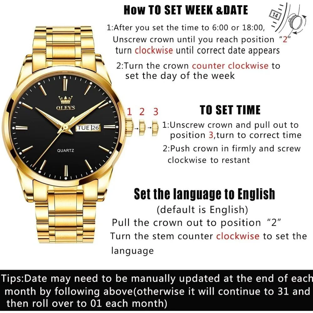 Olevs Men's Gold Steel Black-Dial Waterproof Stainless Luminous Stylish Watch