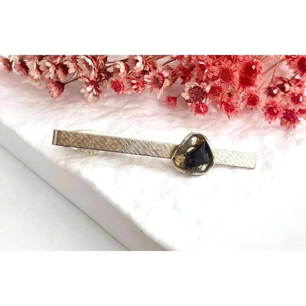 Faux Amber Textured Gold Toned Vintage Men's Tie Bar | Tie Clip