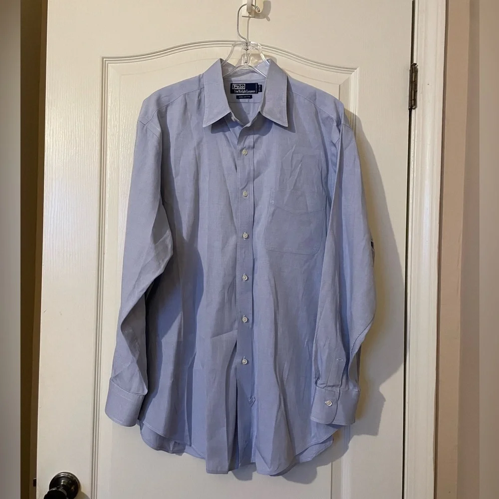 Polo Ralph Lauren Knit Dress Shirt Men's Long Sleeve Blue Shirt 17.5 34 Career