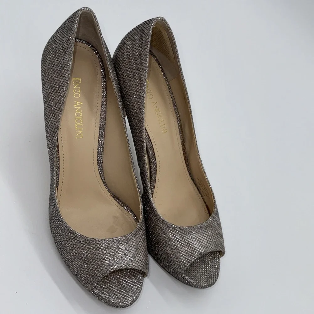 Enzo Angiolini‎ Womens 7.5 Sparkle Open Toe Heels Shoes Silver Gold Bronze
