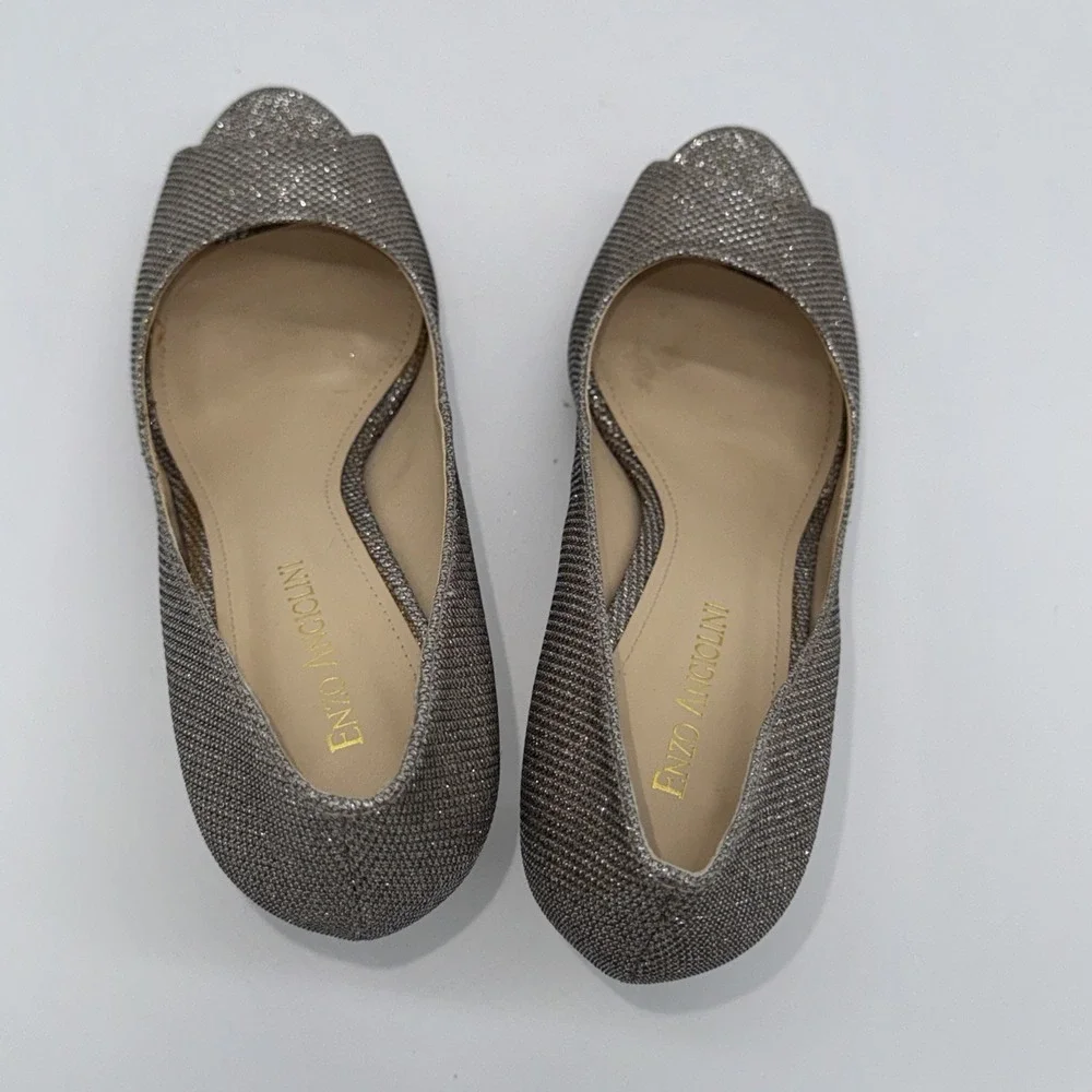 Enzo Angiolini‎ Womens 7.5 Sparkle Open Toe Heels Shoes Silver Gold Bronze