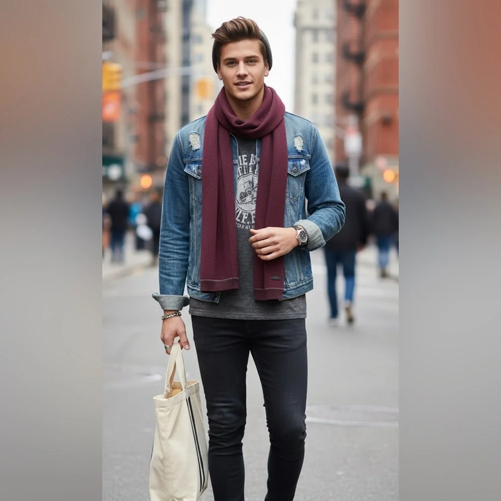 John Varvatos Mens Plated Pick Stitch Scarf Garnet/Cast Iron Merino Wool.