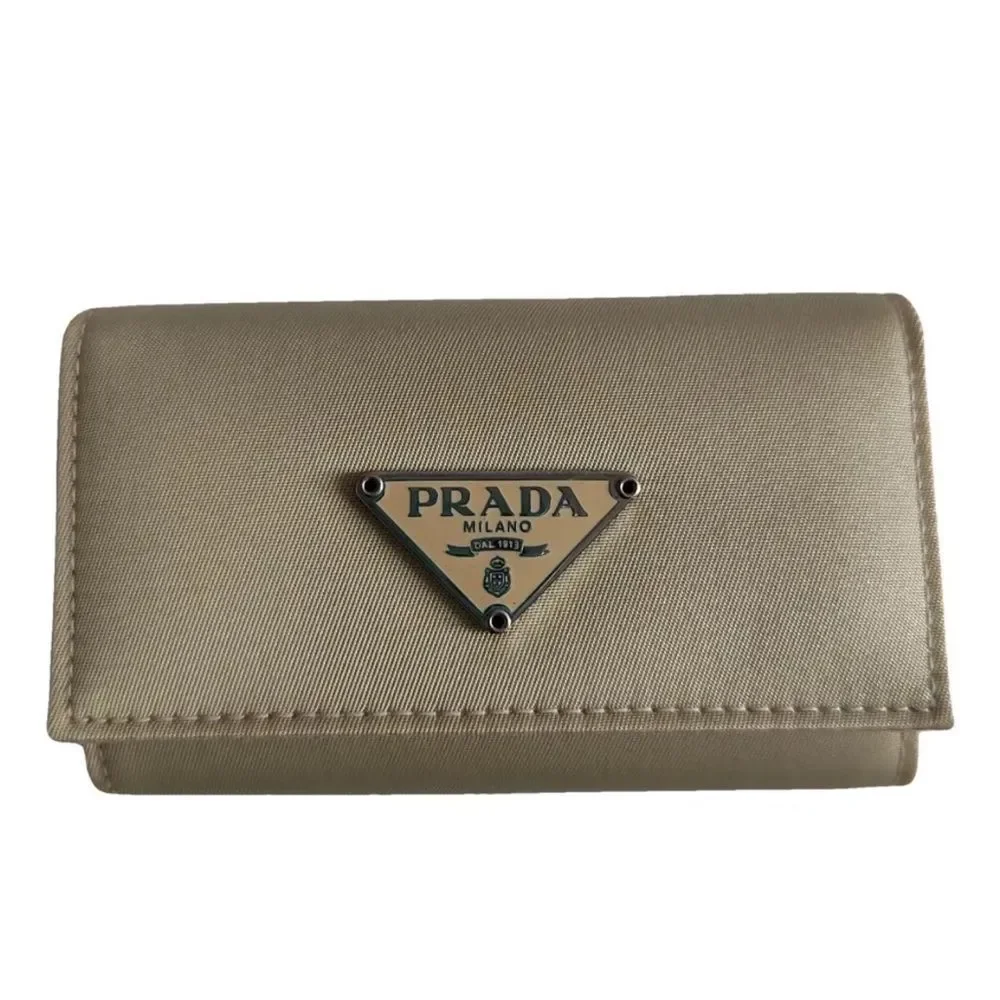 Prada  Beige Cloth Gold Triangular Logo Card Holder