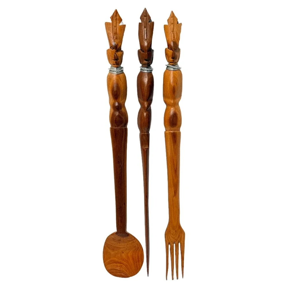Vintage Hand Carved Tribal Wood Salad Serving Set Fork Spoon Skewer 3pc 14.5in