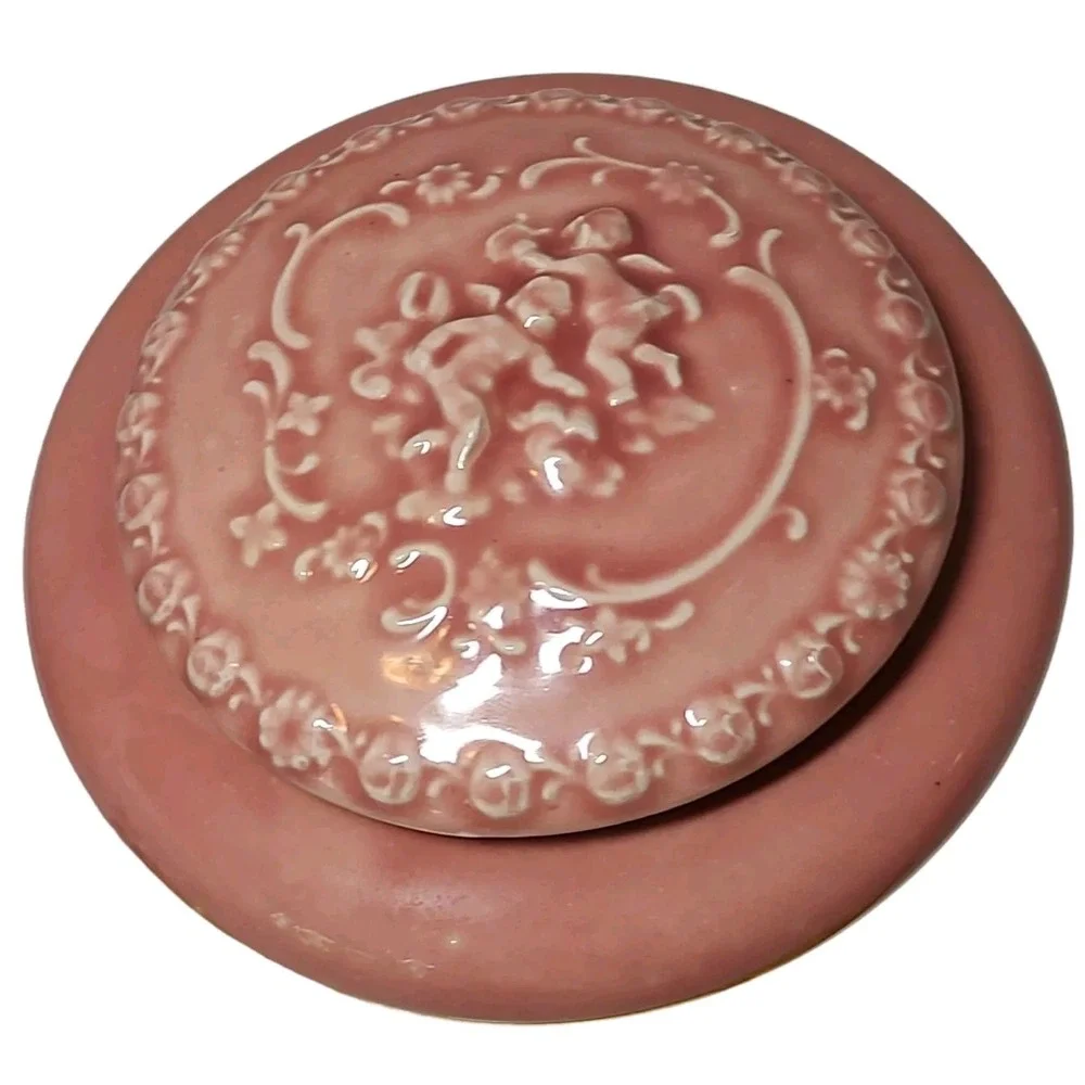 Vintage Handmade Ceramic Powder Trinket Box Pink Angels Round 6.5 Inches SEE‎