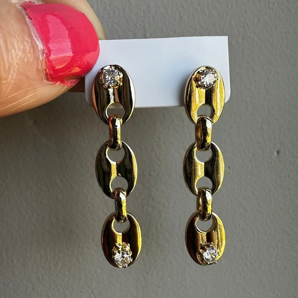 NEW 18K Yellow Gold Oval Link Dangle Drop Earrings w/ Round Clear Crystal CZ