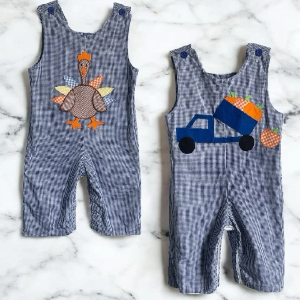 Funtasia Too Reversible 12mo Blue Checkered Overalls w/ Pumpkins & Turkey Design