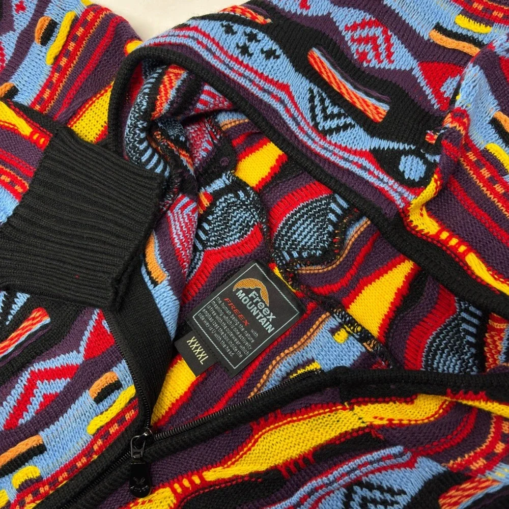 FreeX Mountain Coogi Style 3D Knit Hoodie Sweater Men's 4XL Oversized Full Zip