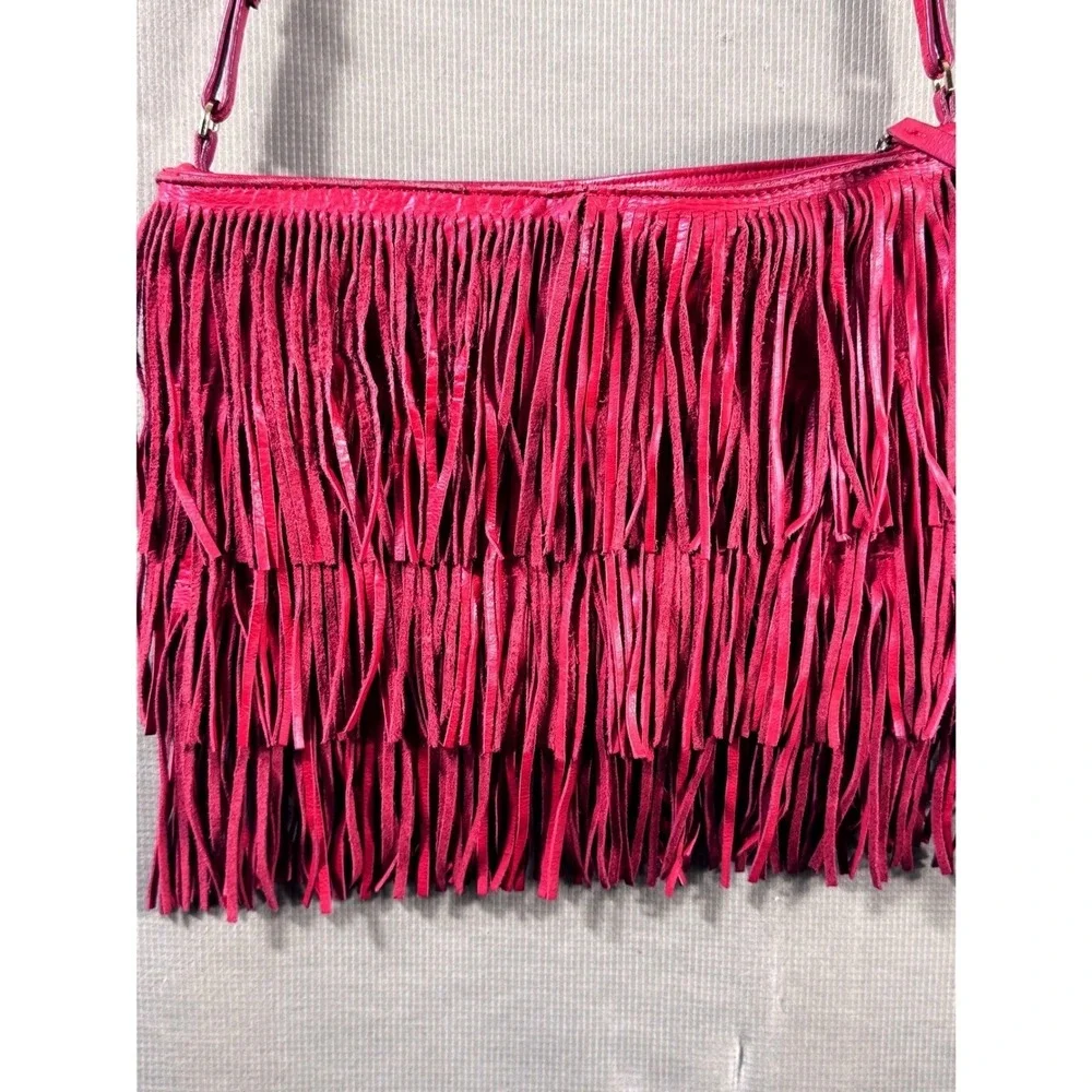 Zara Woman Red Genuine Leather Fringe Bohemian Crossbody