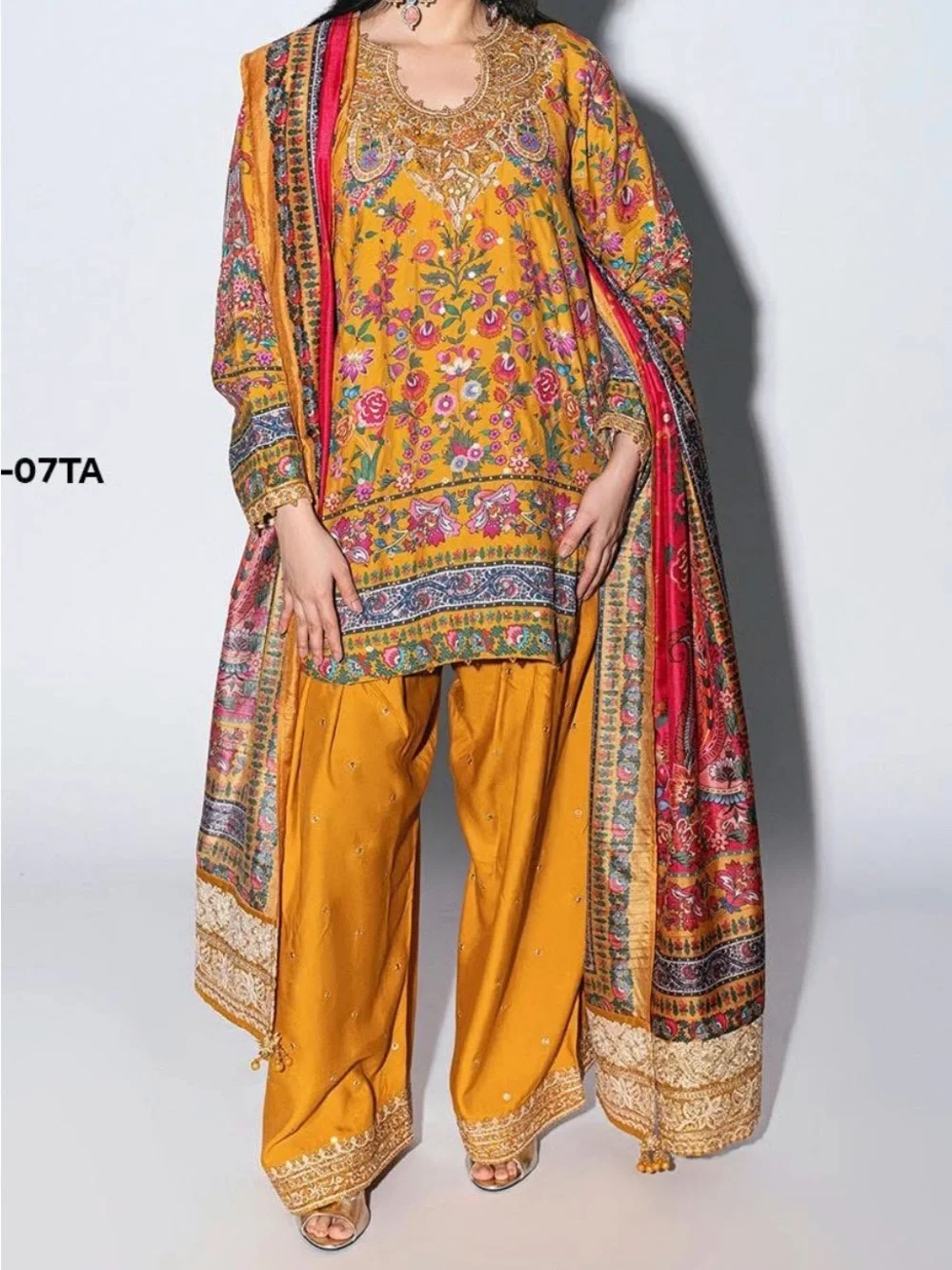Mustard Floral Wide-Leg Pants & Matching Tunic Set